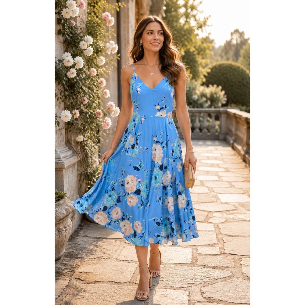 Yumi Kim Moonlight Dress L Sky Blue Rose Garden Floral Midi Fit Flare Slip Dress